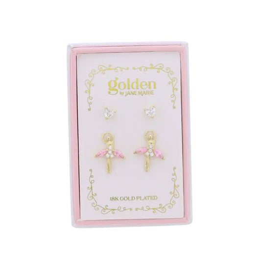 Kids 18K Gold Plated Heart & Ballerina Earrings