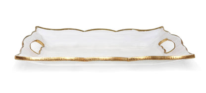 Medium Rectangular Glass Tray with Handles and Gold Rim