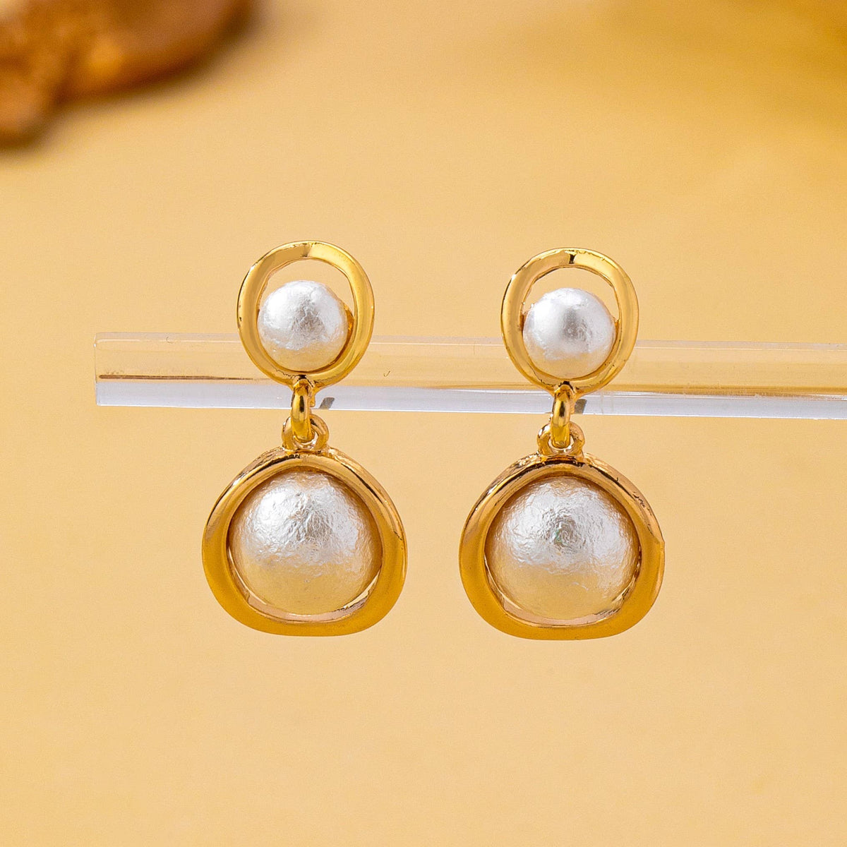 Organic Gold Ring Freshwater Pearl Drop Earrings
