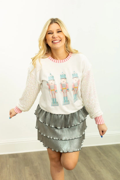 White Glitter Nutcrackers Top with Sequin Sleeves