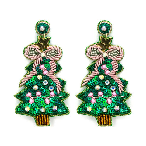 Green Bead Bow Christmas Tree Dangle Earrings