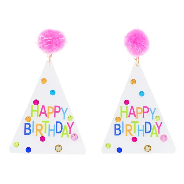 Happy Birthday Pom Pom Beaded Earrings