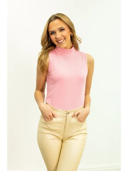 Pink Ribbed Sleeveless Turtleneck Tank