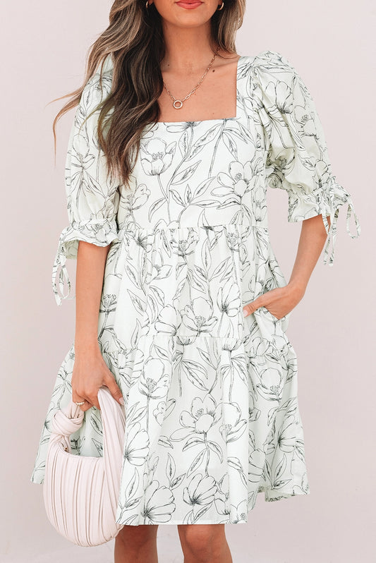 White Floral Square Neck Puff Sleeve Mini Dress