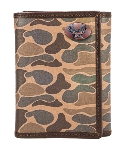 Brown & Tan Camo Buck Trifold Leather Wallet