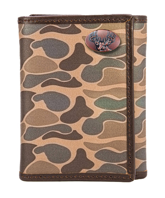 Brown & Tan Camo Buck Trifold Leather Wallet