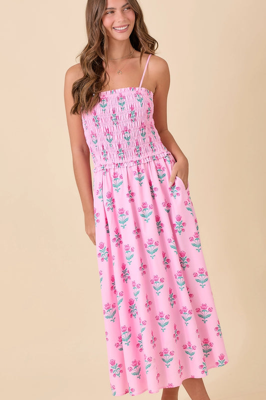 Pink Midi Smocking Floral Dress