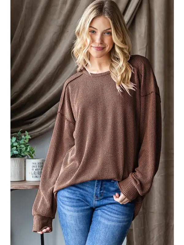 Camel Long Sleeve Lana Ribbed Top