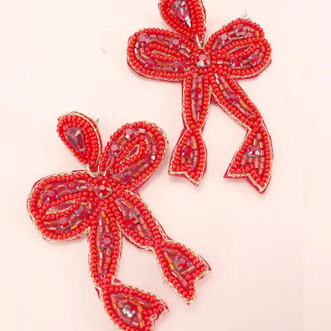 Red Holiday Bow Seed Bead Earrings