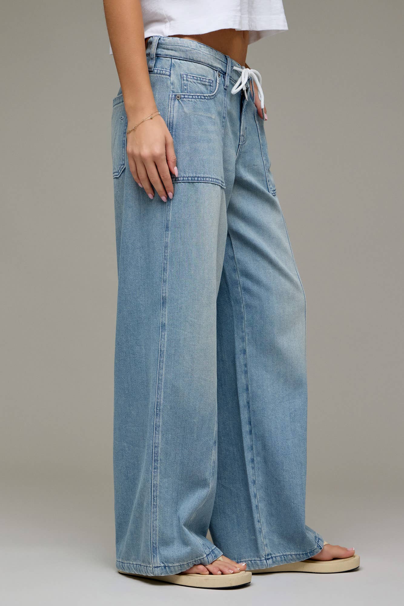 Vintage Drawstring Mid Rise Wide Leg Jeans