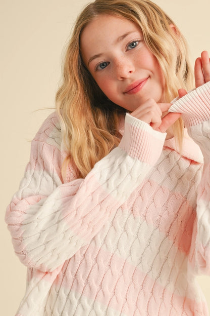 Tween Pink Long Sleeve Cable Knit Polo