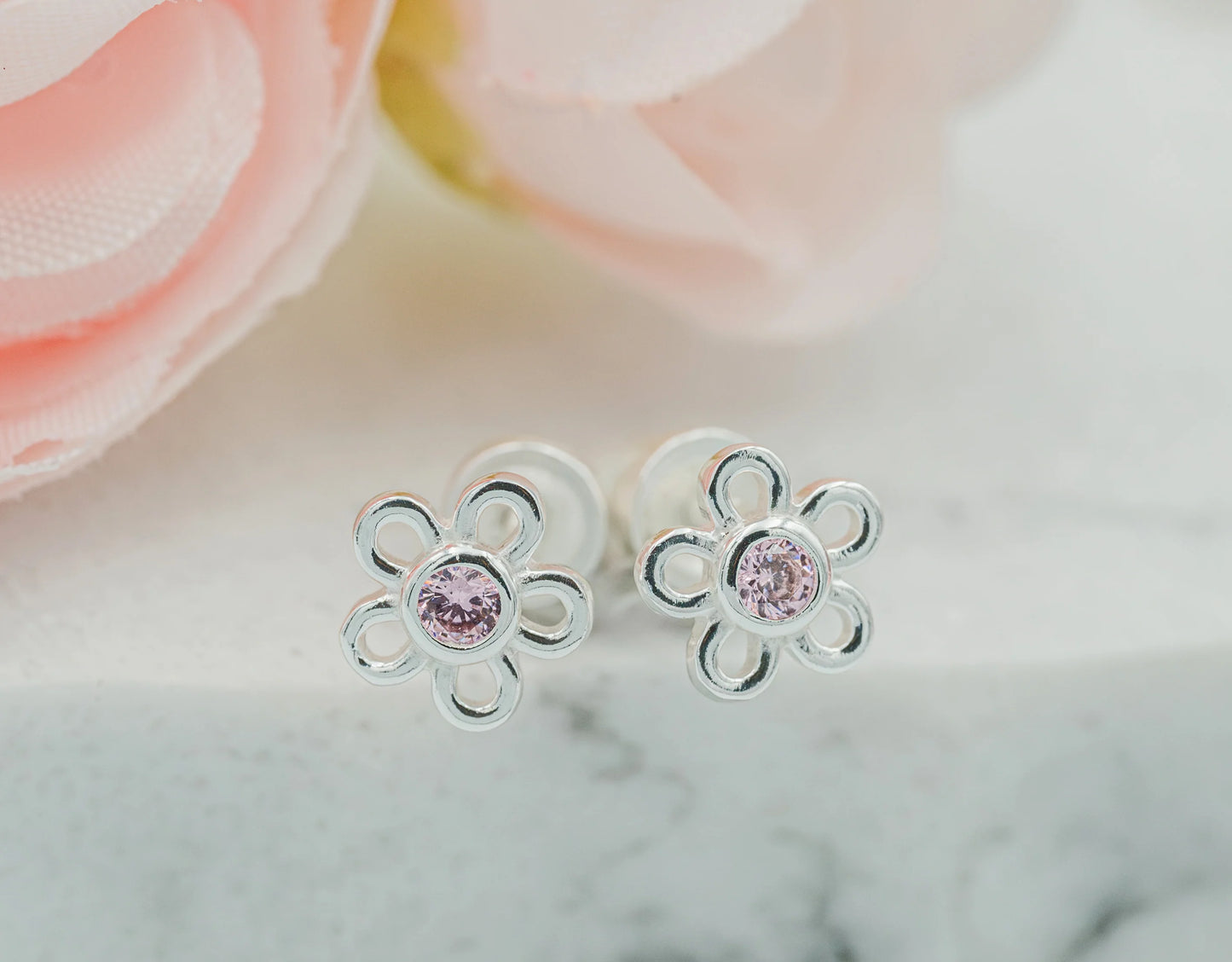 Sterling Silver Pink Outline Daisy Earrings