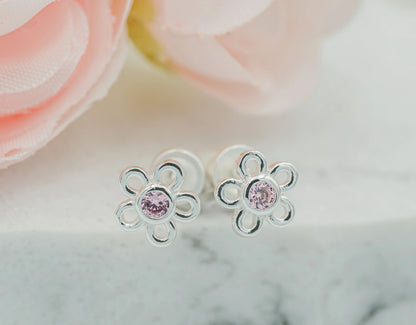 Sterling Silver Pink Outline Daisy Earrings