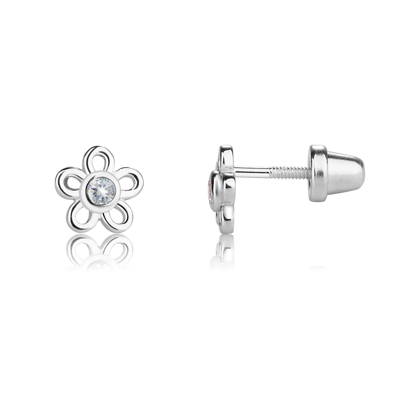 Sterling Silver Outline Daisy Earrings in Clear
