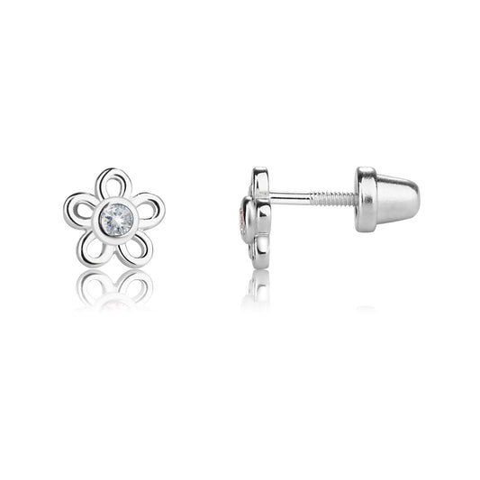 Sterling Silver Outline Daisy Earrings in Clear