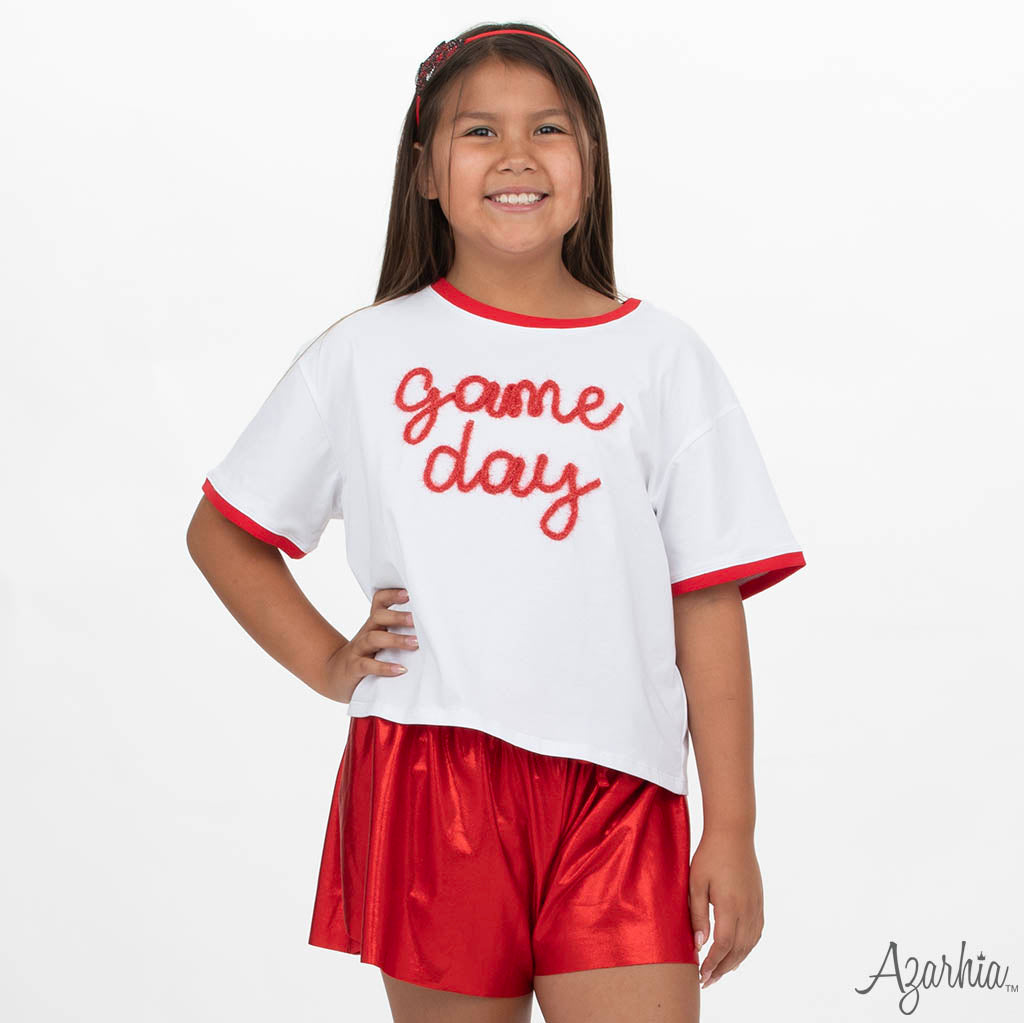 Youth Red Tinsel Game Day Ringer Boxy Tee