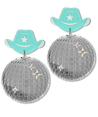 Aqua Cowboy Hat & Mirror Ball Earrings