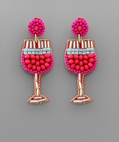 Fuchsia Cocktail Glass Beaded Earrings