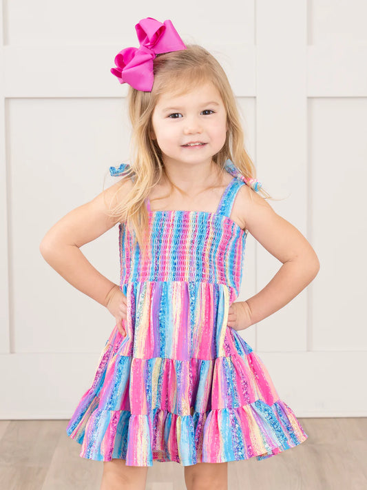 Youth Smocked Rainbow Streamers Ruffle Dress
