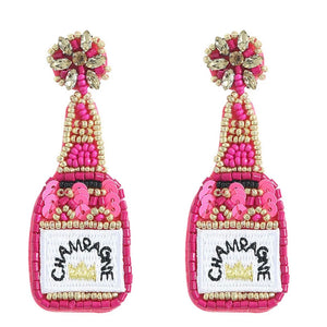 Pink Champagne Bottle Beaded Earrings