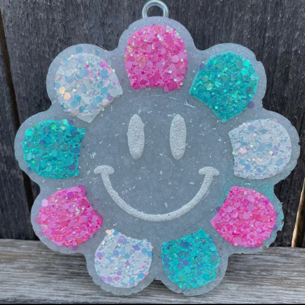 White, Pink, & Blue Smiley Flower Car Freshie