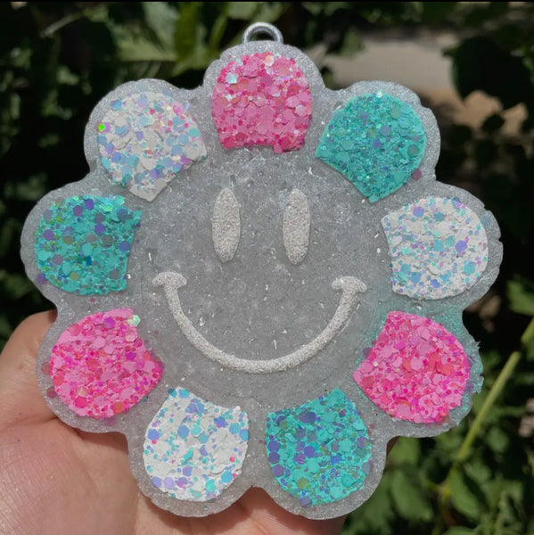 White, Pink, & Blue Smiley Flower Car Freshie