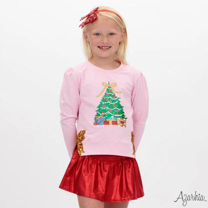 Youth Pink Christmas Tree Glitter Holly Top