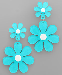 Turquoise Glitter Double Flower Dangle Earrings