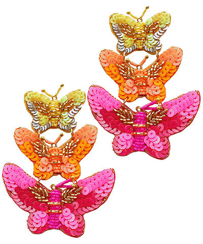 Fuchsia Butterfly Trio Beaded Earrings