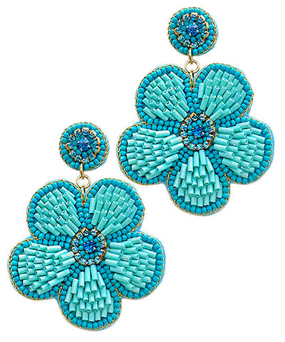 Turquoise Beaded & Crystal Flower Earrings