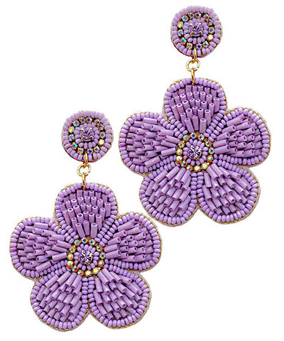 Lavender Beaded & Crystal Flower Earrings