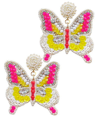 Pink & Yellow Butterfly Rhinestone & Sequin Earrings