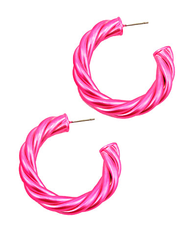 Metallic Hot Pink Twist Hoop Earrings