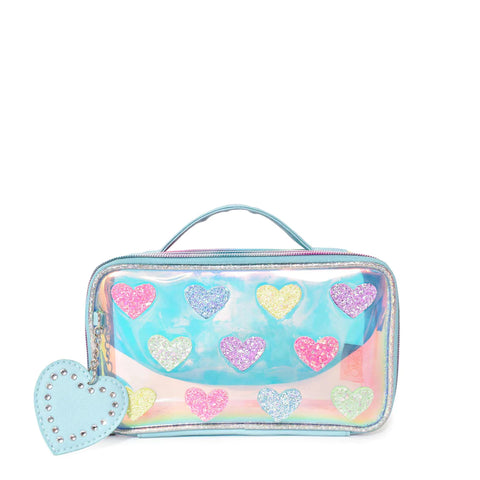 Light Blue Heart-Patch Clear Top Handle Glam Pouch