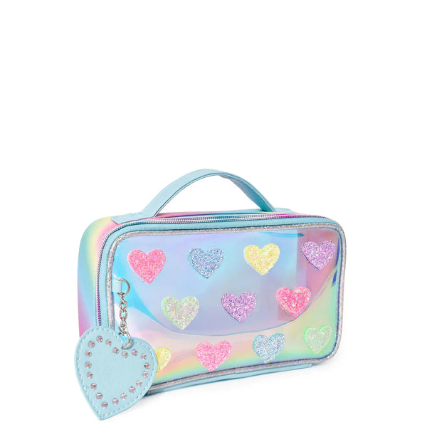 Light Blue Heart-Patch Clear Top Handle Glam Pouch