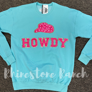 Turquoise Howdy with Hat Chenille Patch Sweatshirt