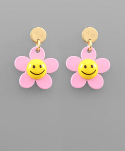 Pink Smiley Face Flower Dangle Earrings