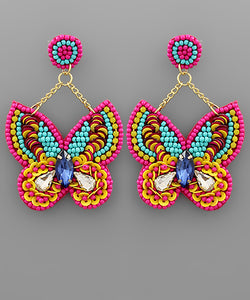 Fuchsia Beaded Butterfly Earrings