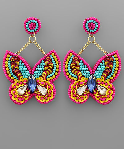 Fuchsia Beaded Butterfly Earrings