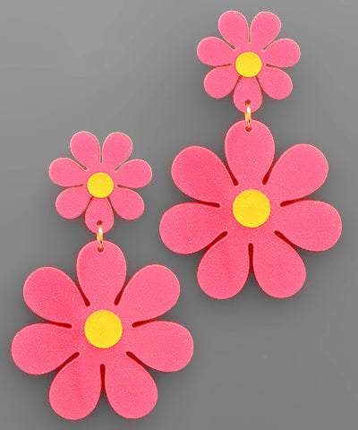 Pink Glitter Double Flower Dangle Earrings