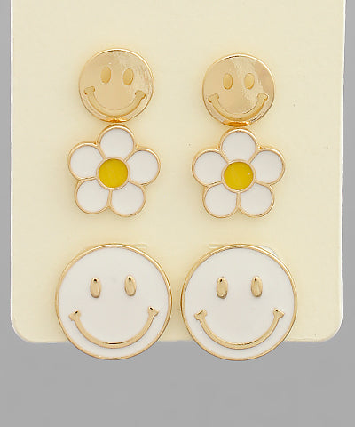 Smiley Face & Flower Earring Studs