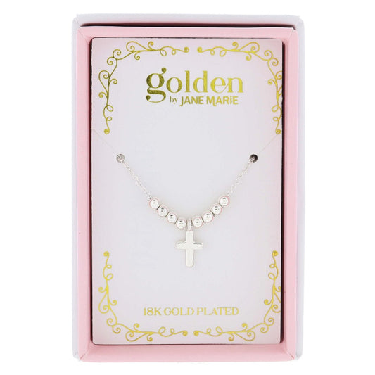 Kids 18K White Gold Plated Mini Beads with Silver Cross Necklace