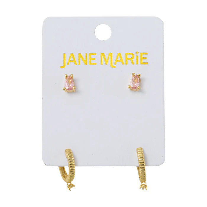18K Gold Plated Pink with Clear Huggie Earring Set