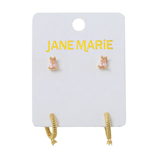 18K Gold Plated Pink with Clear Huggie Earring Set