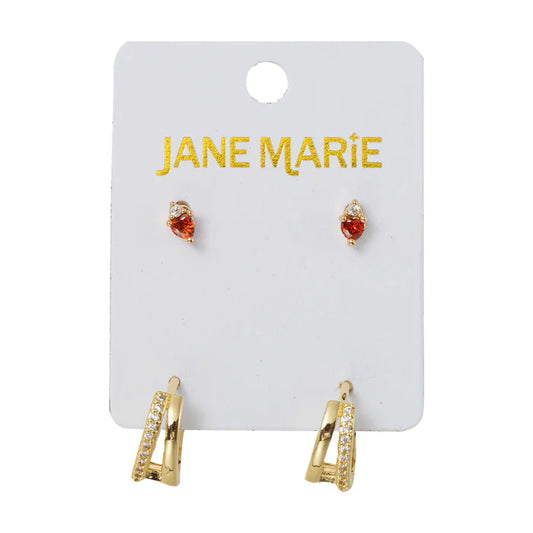 18K Gold Plated Red Crystal with Huggie Earring Set