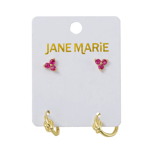 18K Gold Plated Pink Cluster with Knot Earring Set