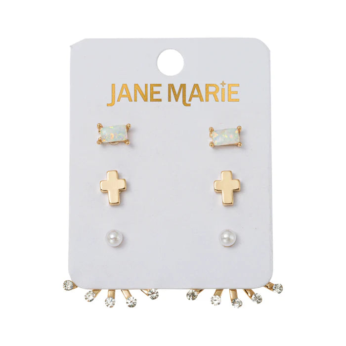 Opal Rectangle, Gold Cross, & Pearl Jacket Earring Set