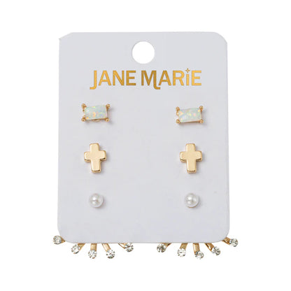 Opal Rectangle, Gold Cross, & Pearl Jacket Earring Set