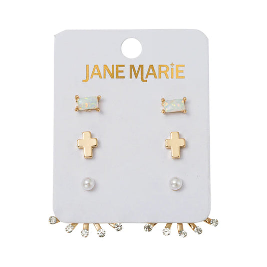 Opal Rectangle, Gold Cross, & Pearl Jacket Earring Set