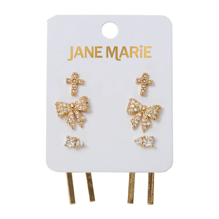 Cross, Bow, & Bar Jacket Earring Set